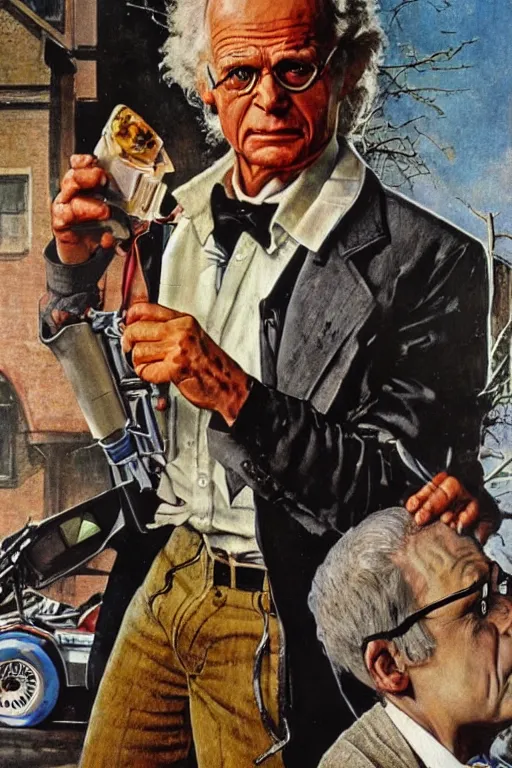 Image similar to dr emmet brown from back to the future painted by norman rockwell