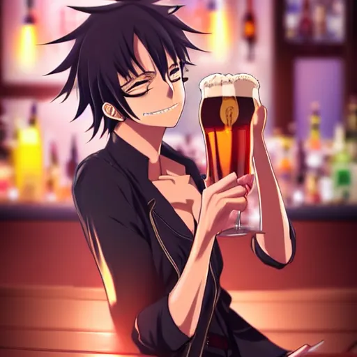 Image similar to Masculine looking anime girl at a bar drinking a beer, warm glow from the lights, angle that looks up at her from below, deviantart, pixiv, detailed face, smug appearance, beautiful anime, obviously drunk with reddish cheeks, detailed anime eyes with pupils, in the style of One Piece