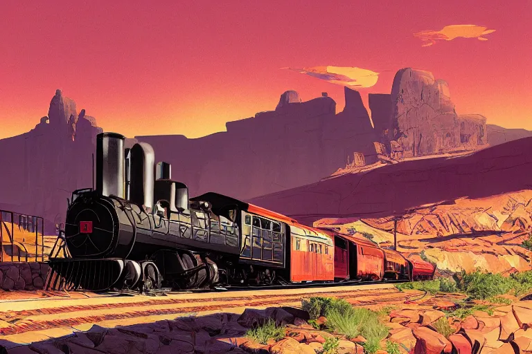 Image similar to idyllic old western train station illustration by syd mead, artstation, 4 k, graphic novel, concept art, matte painting, steam engine, beautiful mountain desert sunset background, golden hour