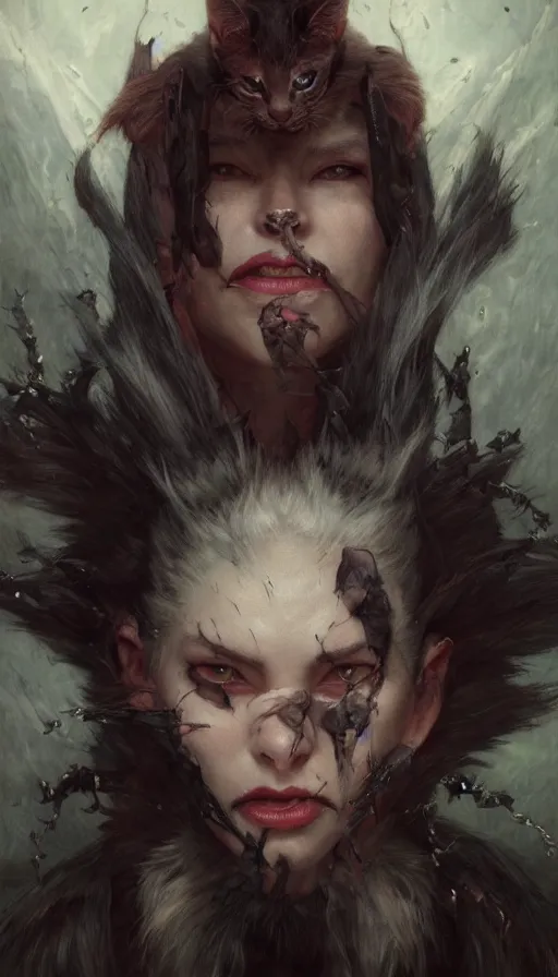 Image similar to epic masterpiece portrait of evil kitten vampire, hyperrealistic, octane render, cinematic, by Edgar Maxence and Ross Tran and Michael Whelan, Legends of Runeterra