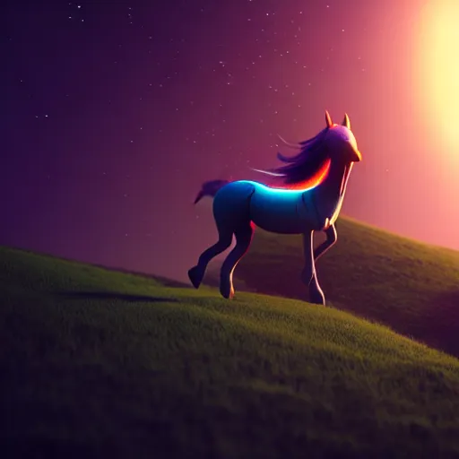 Prompt: an alien horse on the run on a hill, octane render, 3D, bokeh