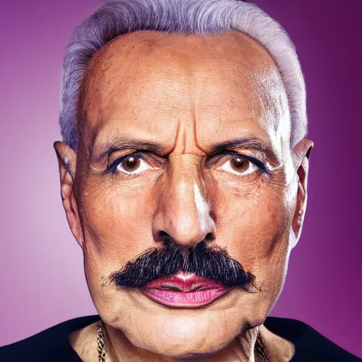 Image similar to old freddie mercury singer at age 7 5 years old, color ( sony a 7 r iv, symmetric balance, polarizing filter, photolab, lightroom, 4 k, dolby vision, photography award ), vogue, perfect face, movie poster