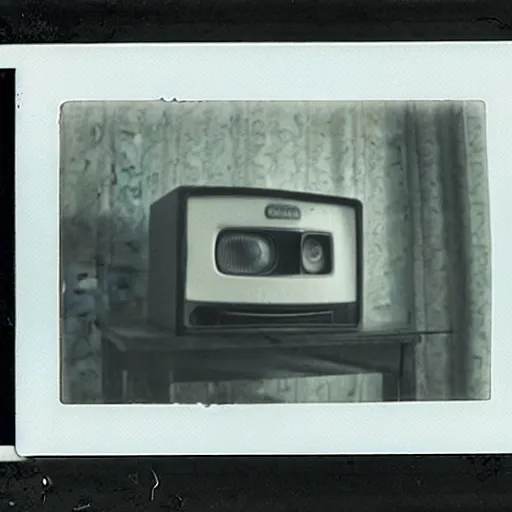 Prompt: creepy Polaroid photo of a cursed TV playing Candle Cove, 90s, black and white, dark room