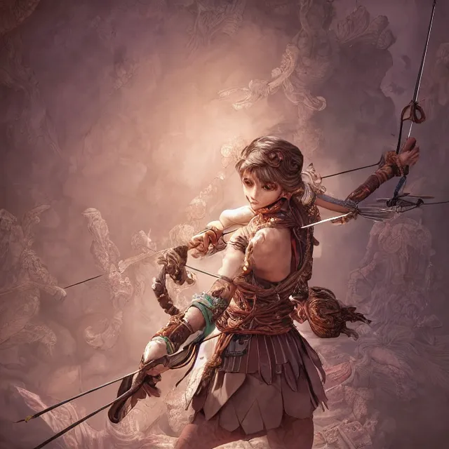 Prompt: the portrait of lawful neutral semi - colorful female archer huntress as absurdly beautiful, gorgeous, elegant, young girl, an ultrafine hyperdetailed illustration by kim jung gi, irakli nadar, intricate linework, bright colors, octopath traveler, final fantasy, unreal engine 5 highly rendered, global illumination, radiant light, detailed and intricate environment