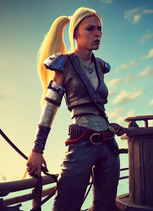 Image similar to An epic fantasy comic book style portrait painting of tall blonde haired female sky-pirate with a serious face and a pony tail in front of a metal gangplank, unreal 5, DAZ, hyperrealistic, octane render, cosplay, RPG portrait, dynamic lighting