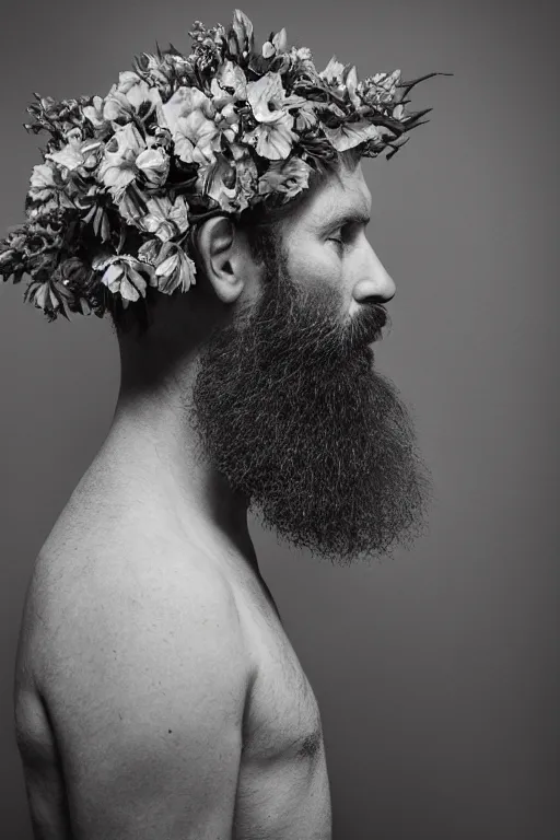 Prompt: a man's face in profile, with a long beard made of flowers, in the style of the Dutch masters and Gregory crewdson, dark and moody