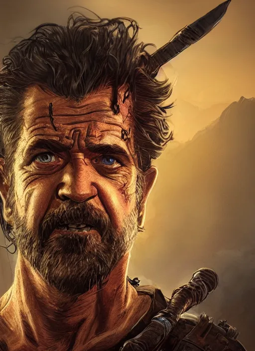 Image similar to A fantasy comic book style portrait painting of Mel Gibson as a grim survivalist warrior in a dark post apocalyptic landscape, unreal 5, DAZ, hyperrealistic, octane render, RPG portrait, ambient light, dynamic lighting