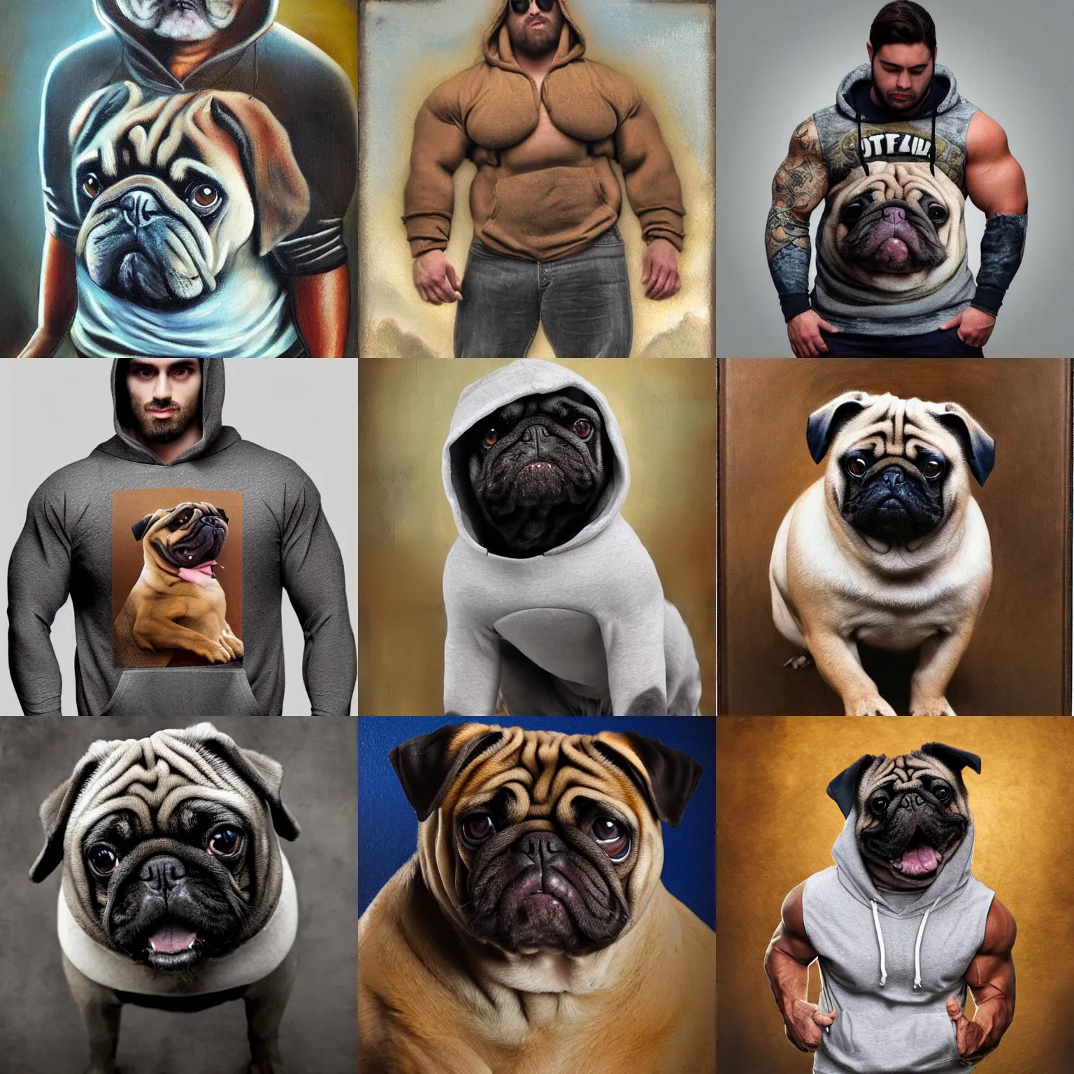 Prompt: muscular oversized dog pug bodybuilder is wearing a hoodie , heavy texture victorian natural oil painting body shot