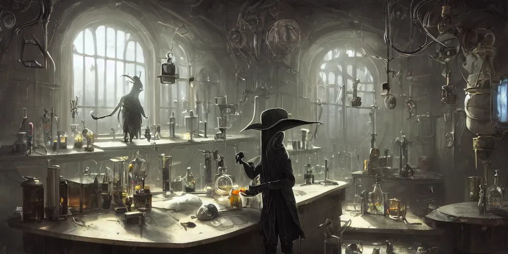 Image similar to a plague doctor and a humanoid rat in a laboratory with lots of flasks filled with magic liquids and poisonous fog, stephen bliss, unreal engine, fantasy art by greg rutkowski, loish, rhads, ferdinand knab, ilya kuvshinov, rossdraws, tom bagshaw, global illumination, radiant soft light, detailed and intricate environment