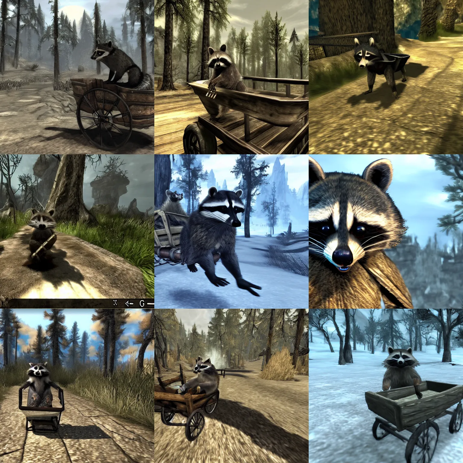 Prompt: raccoon Ralof riding in a cart, Skyrim intro, first person screenshot
