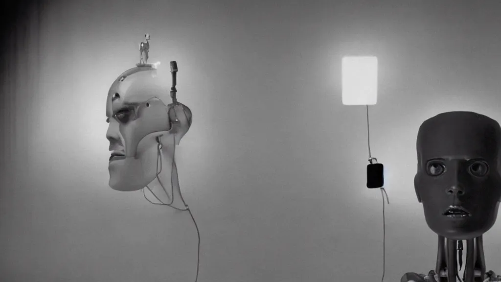 Image similar to The human man with a robot head, movie still, cinematic composition, cinematic light, by David Lynch