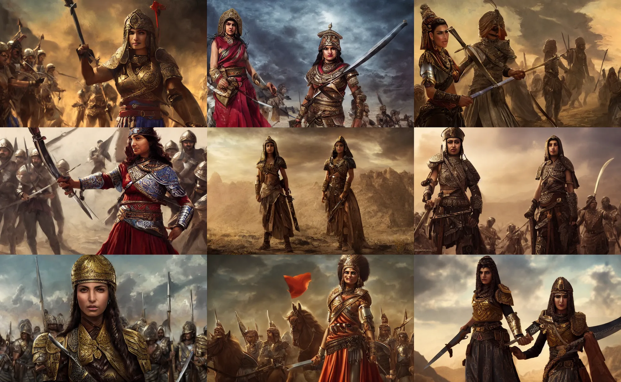 Prompt: cinematic artwork of a female ancient persian commander in front of her army, holding his sword with a slight smile on her face by greg rutowski, 4 k, masterpiece