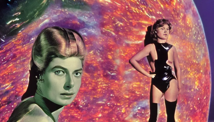 Image similar to film capture, young ingrid bergman as barbarella, exploring an alien planet. full colour. colourful. symmetrical face. symmetrical body. cinematic. 1 0 0 mm lens. realistic. photograph.