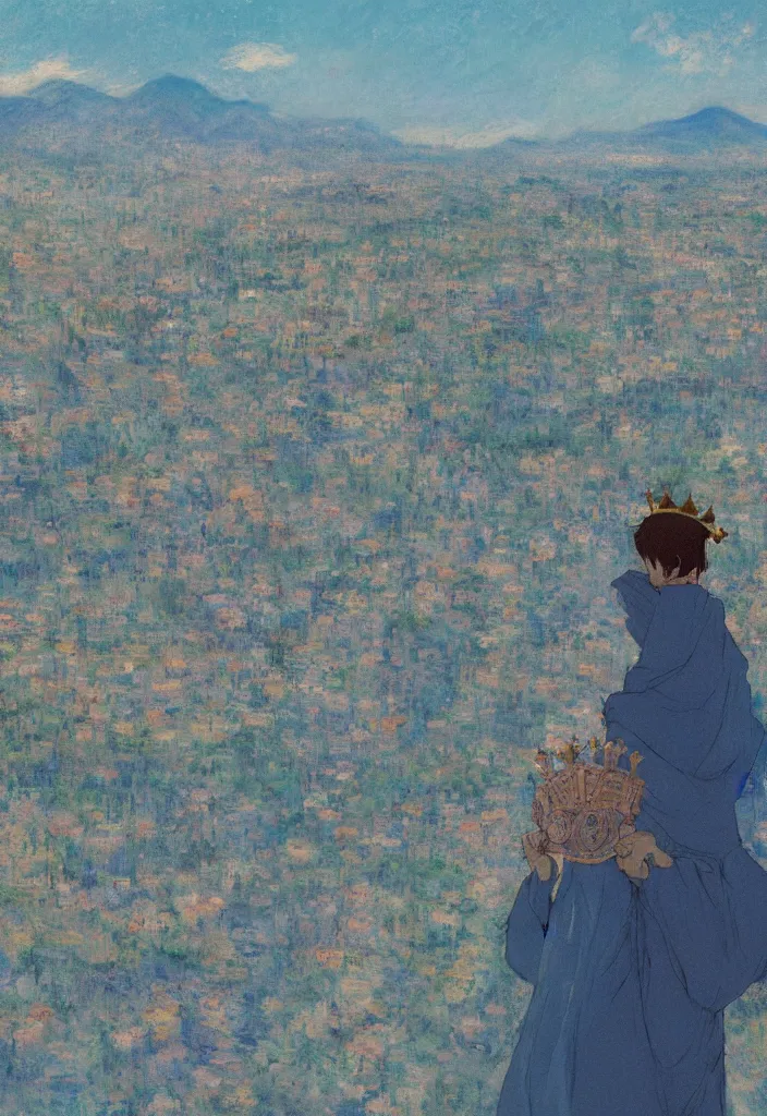 Image similar to tiny lost king wearing a majestic crown in front of a japanese city with beautiful ryokans and edo era houses. cyberpunk. beautiful blue sky. gorgeous epic nature inside the city. lofi. vivid colors, amazing light, by jeremy lipkin, by claude monet, heavily inspired by makoto shinkai, inspired by ghibli, masterpiece, multiple brush strokes, impressionist style