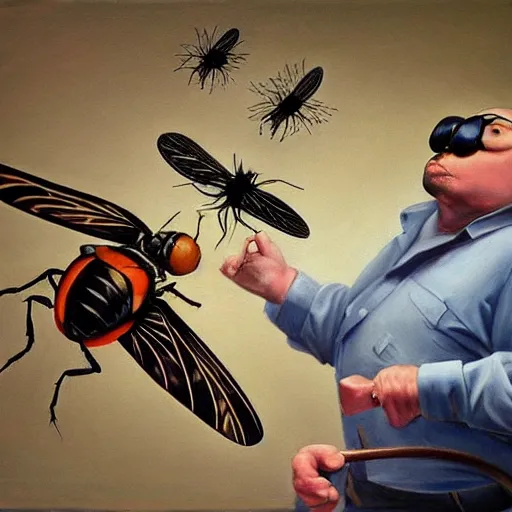 Prompt: hyperrealism painting from the housefly perspective getting swatted at from a man with a fly swatter