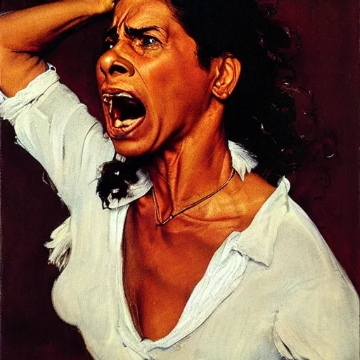 Prompt: head and shoulders portrait of brown woman, fierce, shouting, snarling, fully clothed, three quarter profile, norman rockwell, jacob collins, tom lovell, frank schoonover