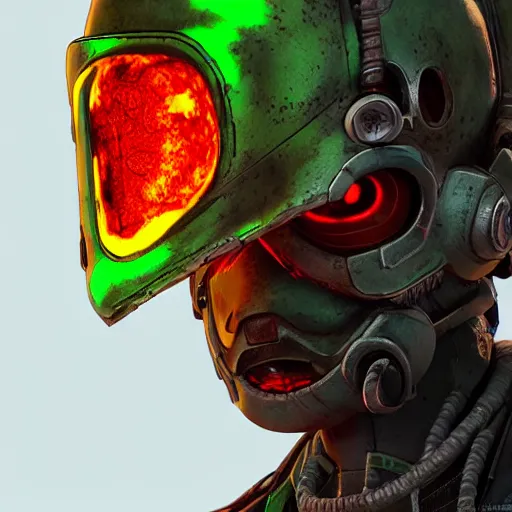 Prompt: helmet cyberpunk made of green lava and fire in borderlands 3 style, pconcept art character modeling, body made of green lava and fire, marvelous designer, z brush, maya, digital 3 d, 4 k, epic size, epic scale, ultra detailed digital art, furry art, macro art, deviantart, realistic