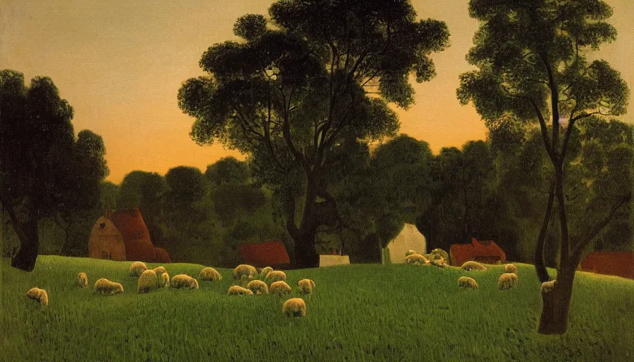 Prompt: quaint victorian farmhouse beside a river with sheep in the adjacent yard at sunset, by henri rousseau, full resolution