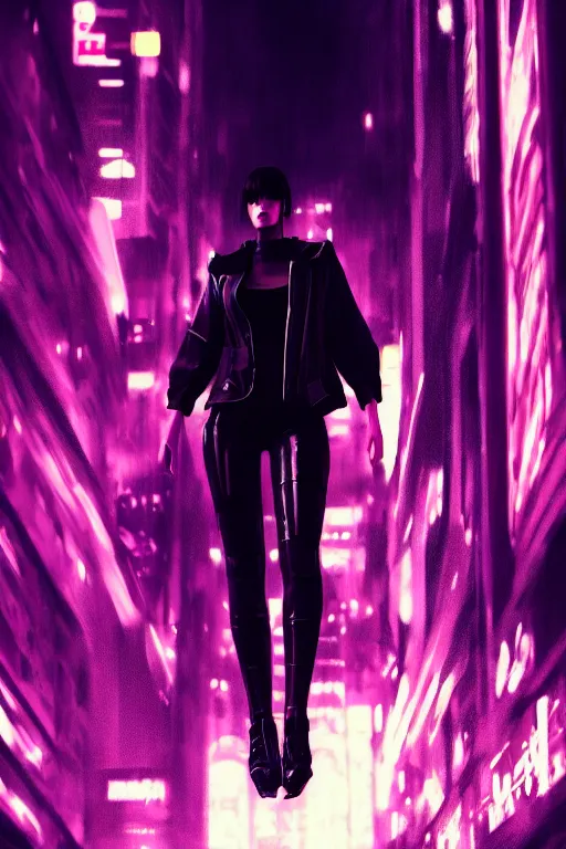 Image similar to high fashion poster clothing design photographic, majiec kuciara, cyberpunk blade runner, volumetric light, floodlight, ambient, street, dark, neon lights, artstation, high contrast, 4 k detailed