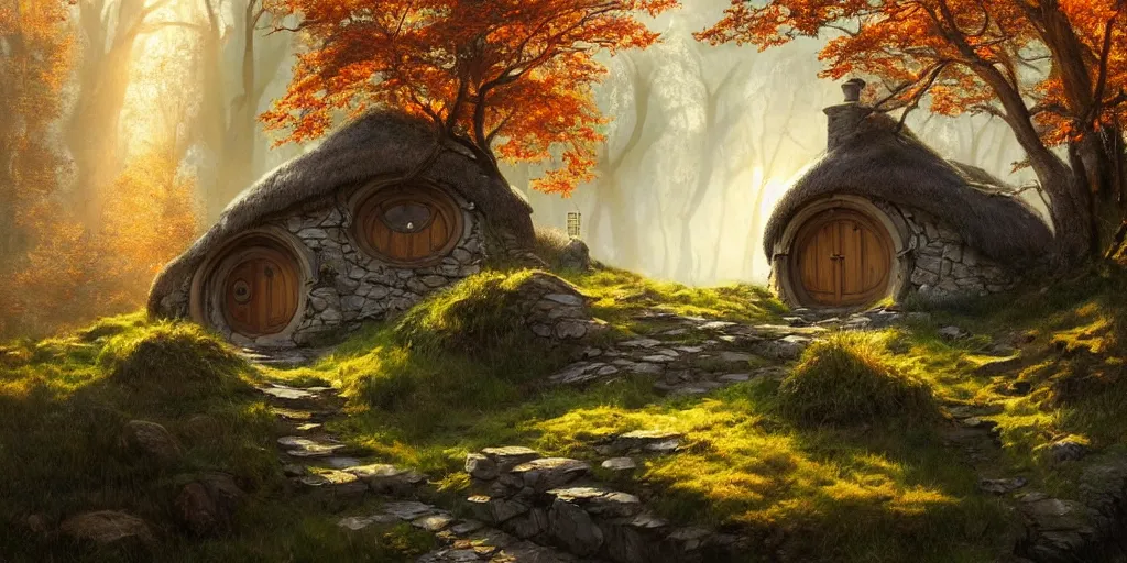 Image similar to a hobbit cottage on top of a steep hill, greg rutkowski, zabrocki, moebius, karlkka, jayison devadas concept art, highly detailed, autumn sunlights, smoky atmosphere, ( ray of sunlight ), ilya kuvshinov, ossdraws, 8 k, ultra wide angle, zenith view, lens effect