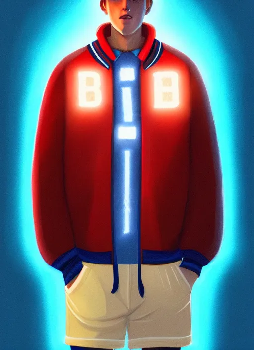 Image similar to portrait of high school senior boy named big moose, blonde short hair, jock, beefy, wide face, square jaw, square facial structure, blue varsity jacket with letter r, intricate, elegant, glowing lights, highly detailed, digital painting, artstation, concept art, sharp focus, illustration, art by wlop, mars ravelo and greg rutkowski