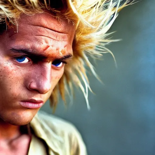 Image similar to super sayian, high resolution, closeup by steve mccurry