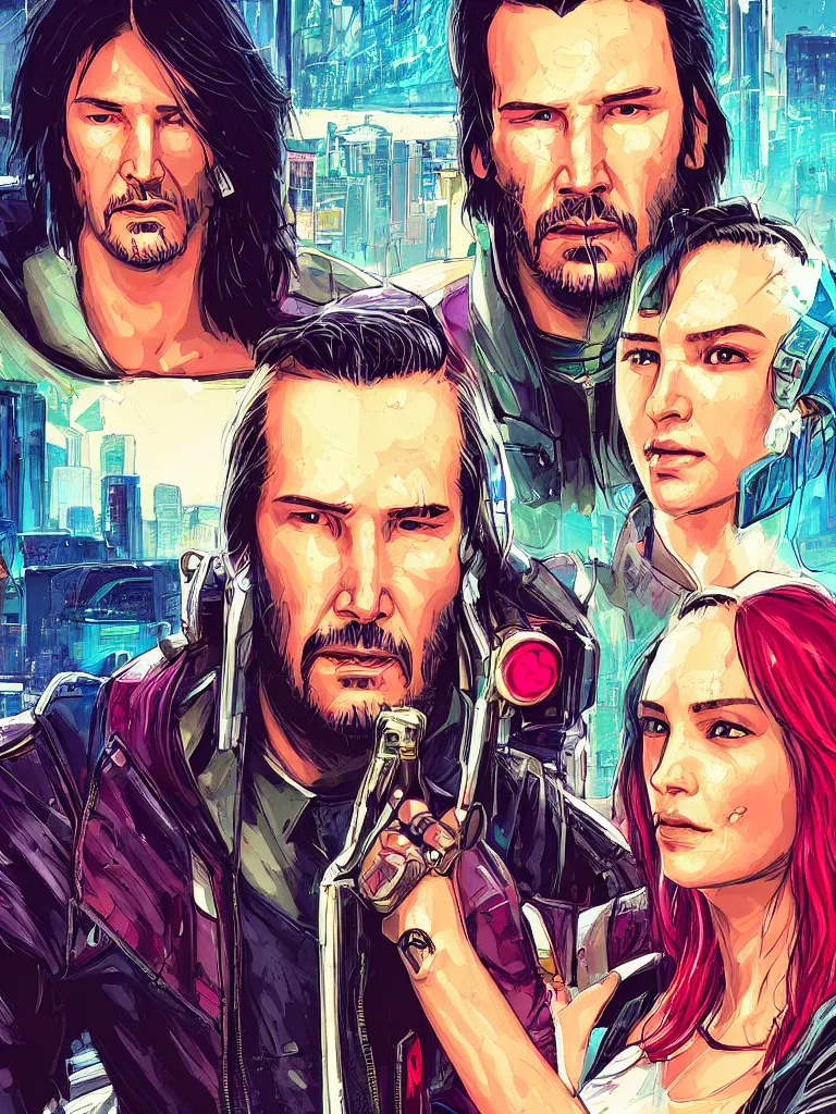 Image similar to a cyberpunk 2077 couple portrait of Keanu Reeves as Johnny Silver hand and female V in daily life ,love story, pray, hug, hold, kiss, film lighting, by Laurie Greasley, William Morris, Dan Mumford, John Wick, Speed, Replicas, Destination Wedding, The Lake House, artstation, full of color, Digital painting, face enhance, highly detailed,8K, octane, golden ratio, cinematic lighting