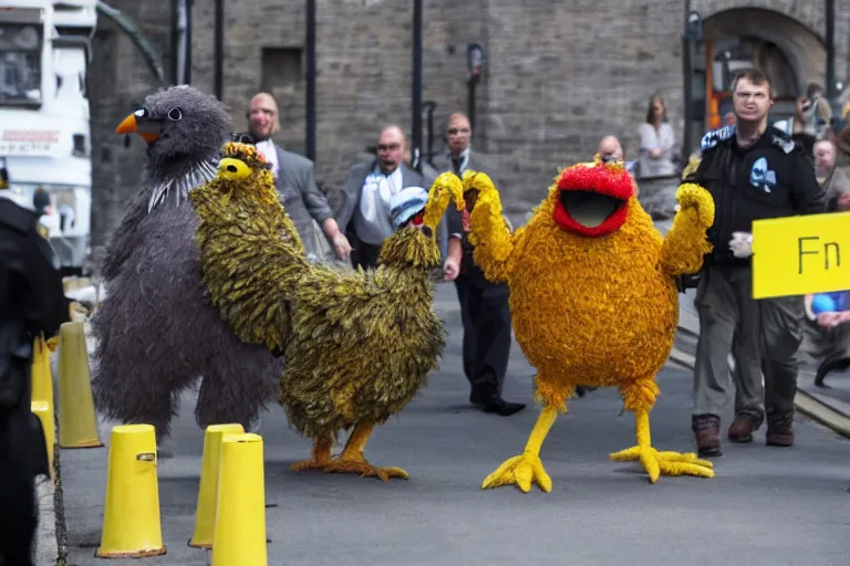 Image similar to muppet Big-Bird in shackles being escorted to the docks in a courtroom