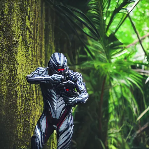 Image similar to close up Crysis Nanosuit shooting at enemies in a jungle combat photography 2022, Canon EOS R3, f/1.4, ISO 200, 1/160s, 8K, RAW, unedited, in-frame,