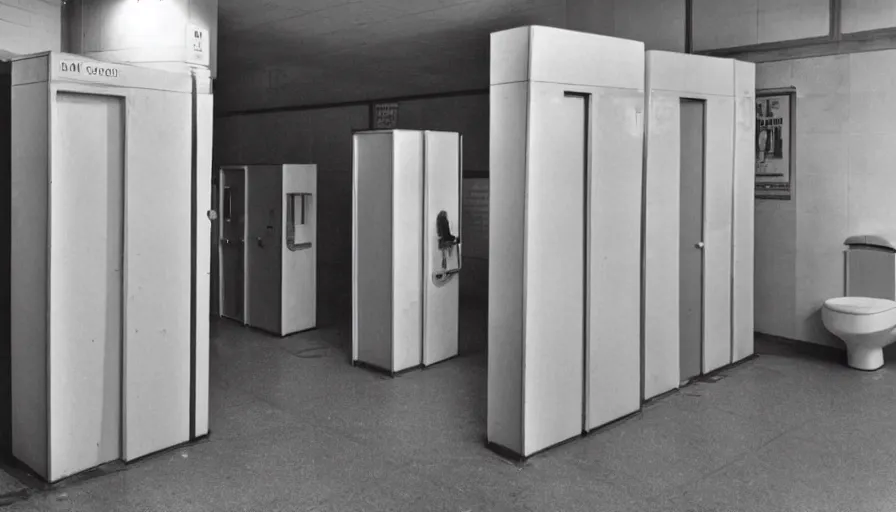 Image similar to 60s movie still of empty public toilets visible toilets, cinestill 800t 50mm eastmancolor, liminal Space style, heavy grain-s 150