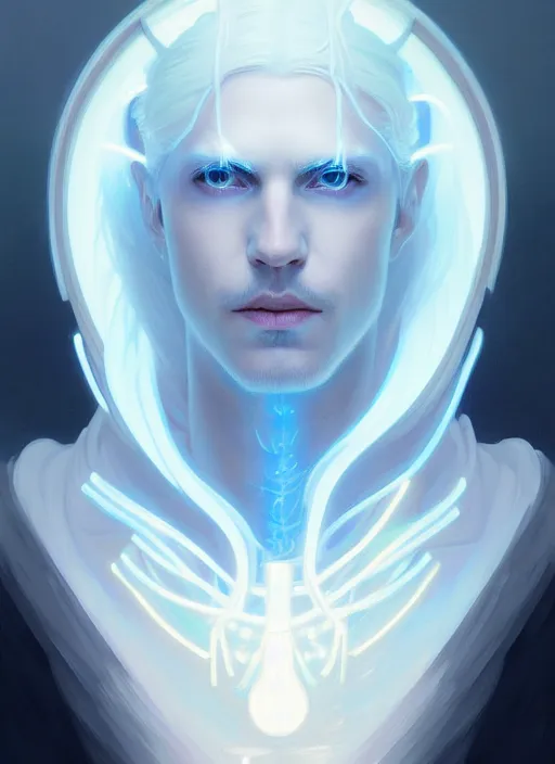 Image similar to symmetry!! portrait of man wearing white clothes with long flaming blue hair, sci - fi, glowing lights!! intricate, elegant, highly detailed, digital painting, artstation, concept art, smooth, sharp focus, illustration, art by artgerm and greg rutkowski and alphonse mucha, 8 k