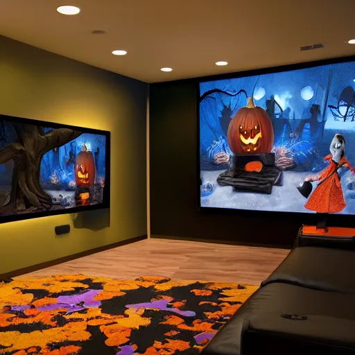 Prompt: Halloween TV show room with big screen on the wall by Disney Concept Artists, blunt borders, rule of thirds