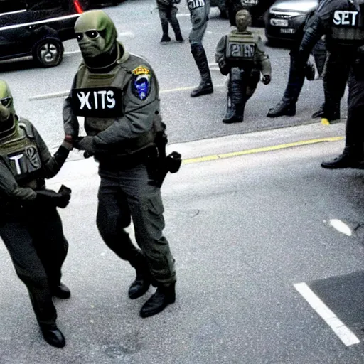 Image similar to an extraterrestrial grey xfiles alien reticulan being arrested by spetsnaz