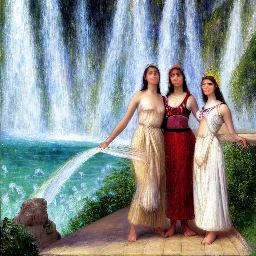 Image similar to a ultradetailed beautiful painting of three beautiful and physically attractive women standing in front of the diamonds waterfall in the amazonas palace balustrade designed by jules bastien - lepage, tarsila do amaral, frank weston and gustave baumann, beach, trending on artstation, mediterranean, palm trees, sharp focus, soft light, 8 k 4 k