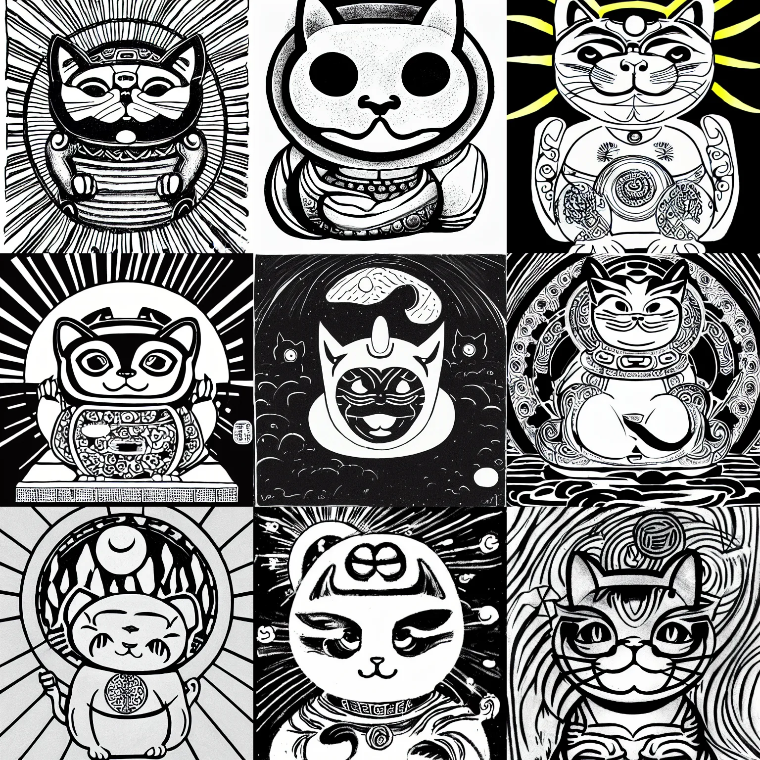 Prompt: vektor drawing of a smiling maneki neko with a sun in background, black and white