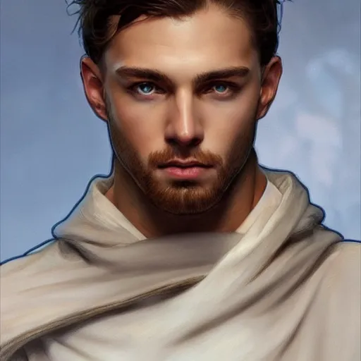 Image similar to ultra realistic illustration, a young man in a white hood, with brown hair, with blue eyes, intricate, elegant, highly detailed, digital painting, artstation, concept art, smooth, sharp focus, illustration, art by artgerm and greg rutkowski and alphonse mucha