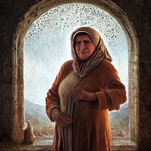 Image similar to hyperrealistic mixed media high resolution image of a Kurdish grandmother, stunning 3d render inspired art by István Sándorfi and Greg Rutkowski and Unreal Engine, perfect symmetry, dim volumetric lighting, 8k octane beautifully detailed render, post-processing, extremely hyper-detailed, intricate, epic composition, highly detailed attributes, highly detailed atmosphere, full body shot, cinematic lighting, masterpiece, trending on artstation, very very detailed, masterpiece, stunning, flawless structure, lifelike texture, perfection,