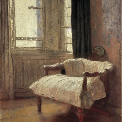 Image similar to a chair in a cosy room, painted by jules bastien - lepage, hyper - realistic