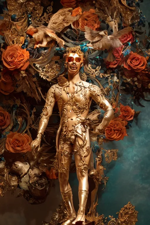 Prompt: a young handsome Spanish prince in a full-body bronze cyberpunk style statue of Icarus with glowing orange eyes, crown of white roses, flowing teal-colored silk, fabric, flowers. baroque elements, human skull. full-length view. baroque element. intricate artwork by caravaggio. many many birds birds on background. Trending on artstation, octane render, cinematic lighting from the right, hyper realism, octane render, 8k, depth of field, 3D