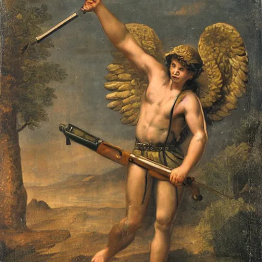 Image similar to cupido holding a rifle follows a prisoner