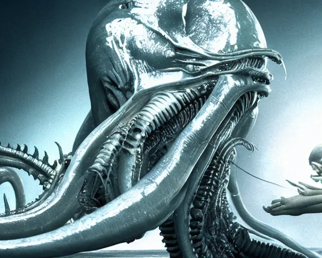 Image similar to film still of kim kardashian being licked by an xenomorph slathered in a transparent alien liquid, wet flowing hair, gooey skin, illustration, unreal engine 5, 8 k, directed by h. r. giger.