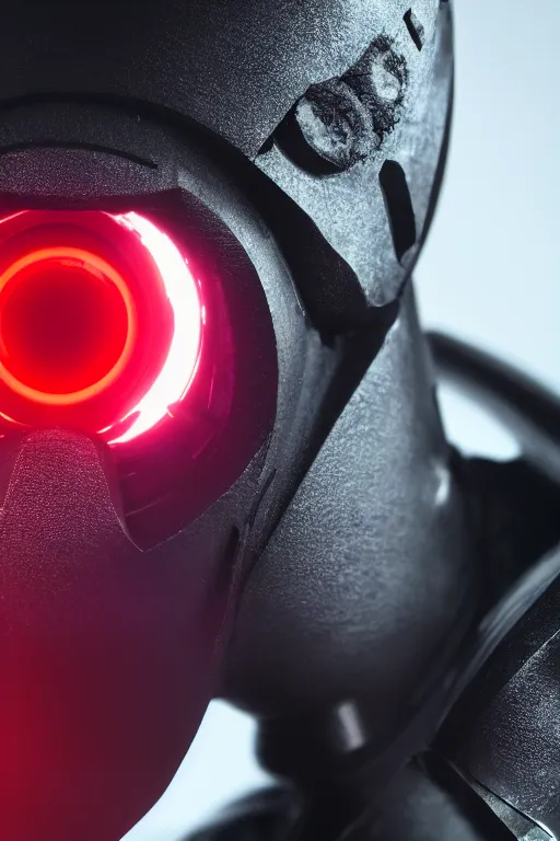 Image similar to closeup shot of a carbon black cyborg, macro shot, dof, cinematic, volumetric lighting, studio shot, red light, 4 k, highly detailed