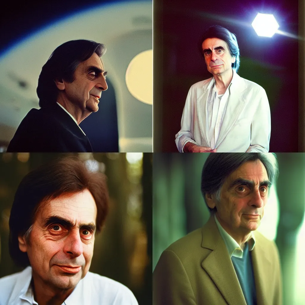 Prompt: A Hyper realistic and detailed portrait photography by Annie Leibovitz of Carl Sagan. Agfa Vista 400 film. Detailed. Depth of field. lens flare. moody. cinematic. warm light. realistic. expired film.