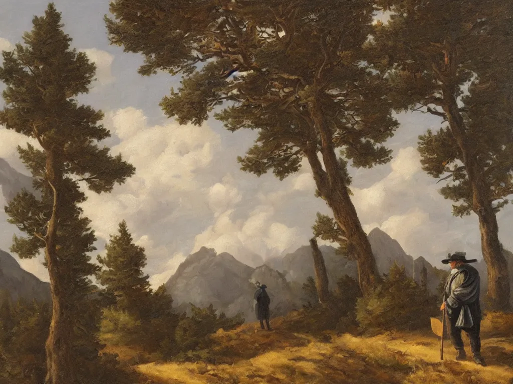 Image similar to a man in a grey cloak and brimmed hat with a staff travelling trough the mountains with trees, very detailed, colorful, oil painting, clouds, old man, alone, ravens