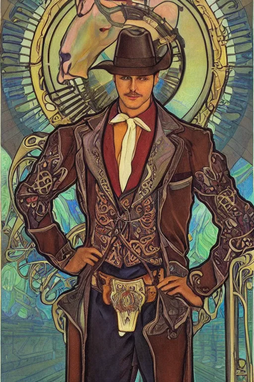 Prompt: a dramatic ethereal epic symmetrical painting of a handsome villainous cowboy standing in front of a steam train locomotive ; his shirt is unbuttoned and he has a pocketwatch ; tarot card, art deco, art nouveau, ( steampunk ), homoerotic, realistic ; by louis comfort tiffany and alphonse mucha ; trending on artstation