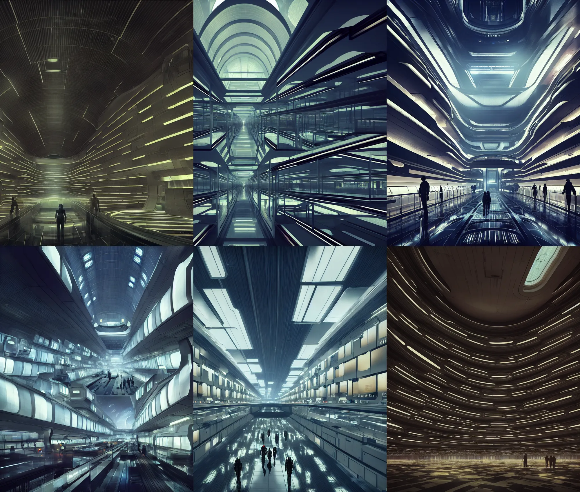 Prompt: denis villeneuve very wide cinematic scifi shot inside the combination of capsule hotel and airport terminal, modern lush condo as shopfront, epic scale, cathedral ceiling, mass effect, archdaily, detailed artstation scifi concept art, fine details, unreal engine, detailed textures