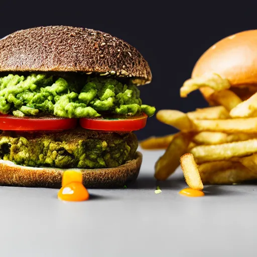 Image similar to vegan hamburger with guacamole, crispy fried onion and a fried egg, crispy buns, next to french fries, side view, 8 k resolution, studio lighting, sharp focus, hyper - detailed