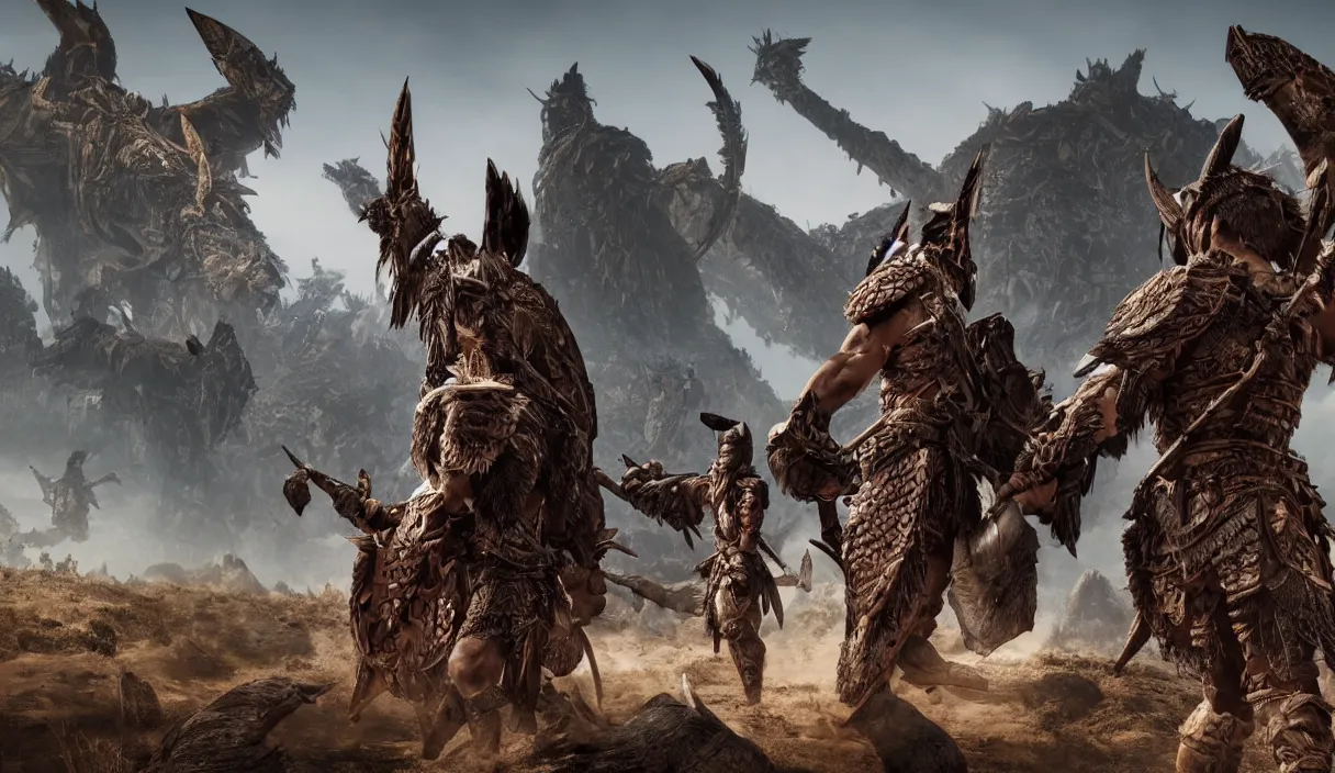 Prompt: panorama photo of two ancient tribesman in armor from monster hunterin the distance, they have futuristic weapons and stands in front of attacking barbarian horde in the background, back shot, muscular bodies, dramatic lighting, cinematic, establishing shot, extremely high detail, photorealistic, 300 the movie,monster hunter the movie, monster hunter, cinematic lighting, artstation, octane render, western,old photo, vintage