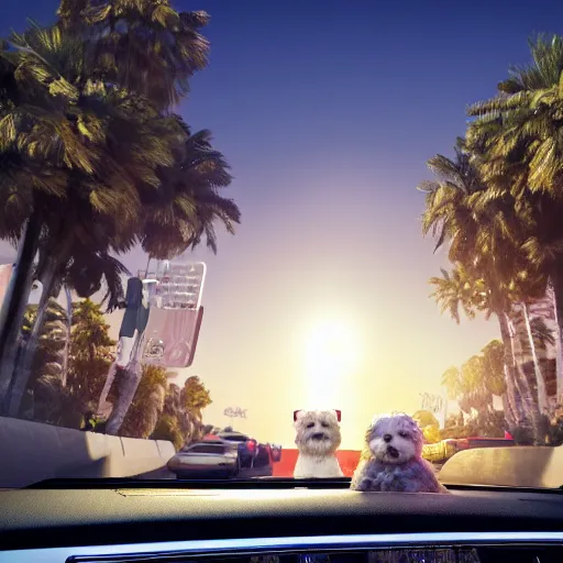 Image similar to a photorealistic image of bichon frise riding in the back on an Uber through Hollywood at sundown. This 4K HD image is Trending on Artstation, featured on Behance, well-rendered, extra crisp, features intricate detail and the style of Unreal Engine.