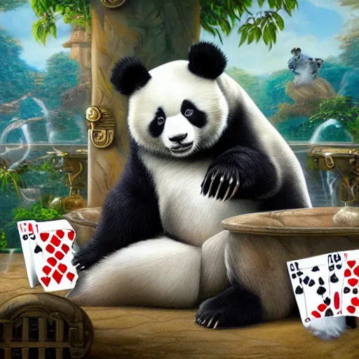 Image similar to panda bears playing cards, realistic, regal, refined, detailed digital art, michael cheval, walt disney ( 1 9 3 7 ), francois boucher, oil painting, steampunk, highly detailed, cinematic lighting, unreal engine, 8 k